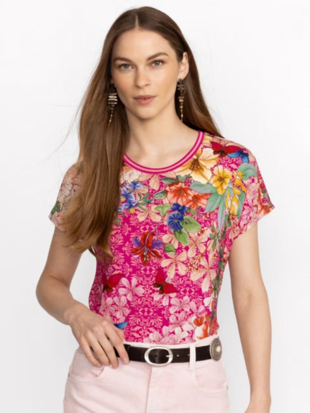 Johnny Was Frame Relaxed Dolman Sleeve Tee pink floral small